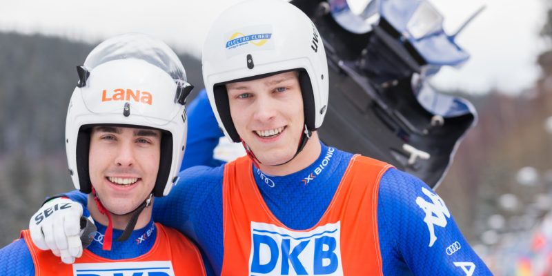 FIL Junioren-WM Rennrodeln Altenberg v.li.: Fabian Malleier, Ivan Nagler (ITA, Italien); Sieger, Erstplatzierter, Goldmedaille, gold medal;Jubel, celebration